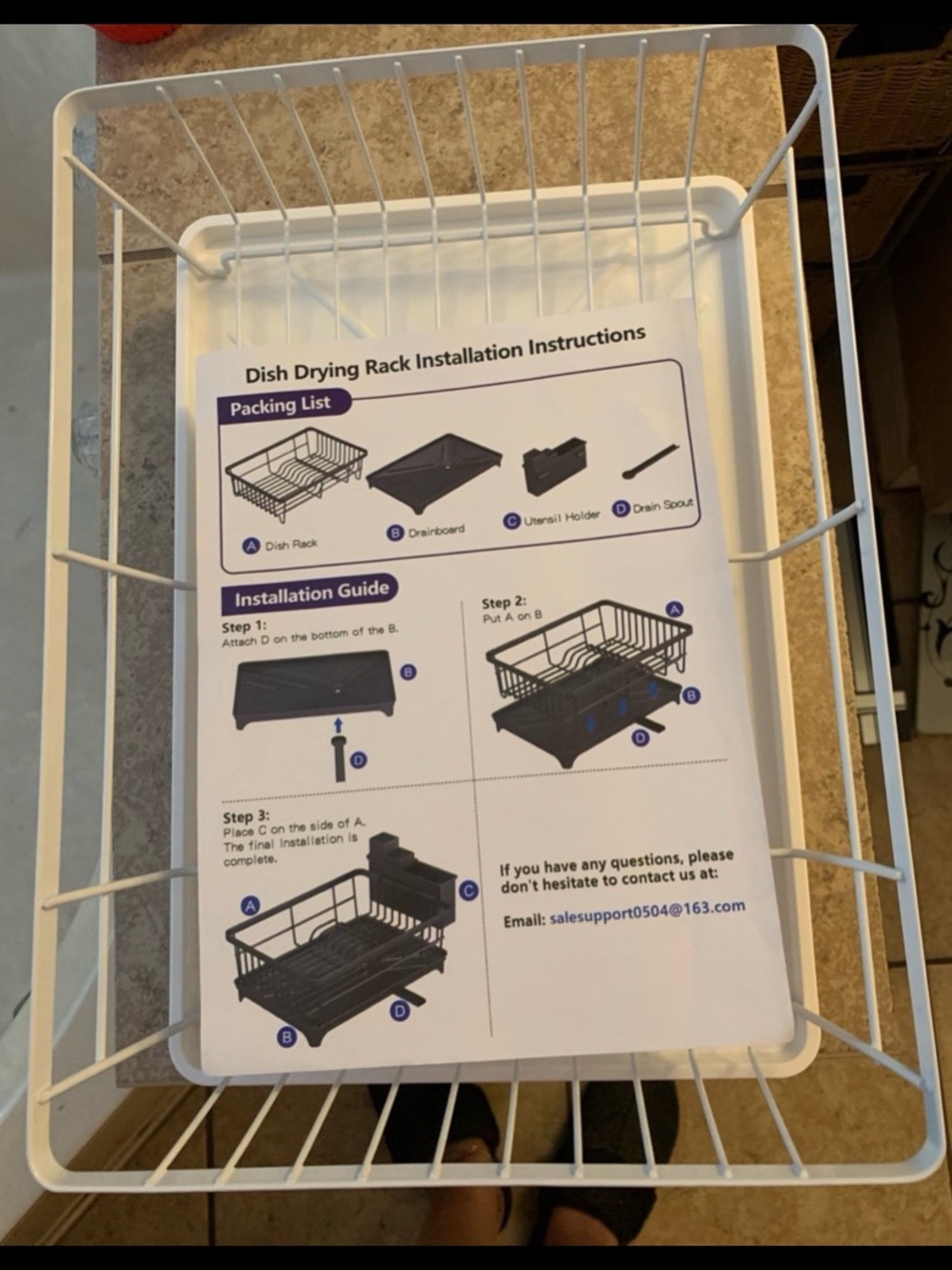 New! Amazon White Metal dish drying rack with a drainboard and utensil holder.